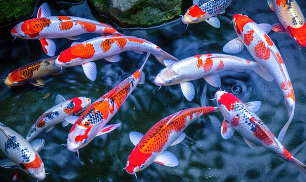 A group of colorful koi fish swimming in a tranquil pond AI generated