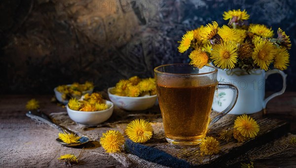 Cosy tea set-up with coltsfoot and fresh flowers arranged on a wooden table, coltsfoot tea, medicinal plant coltsfoot, Tussilago farfara, KI generiert, AI generated