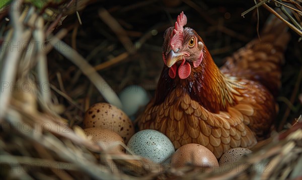 A hen guarding her freshly laid eggs in a nest AI generated