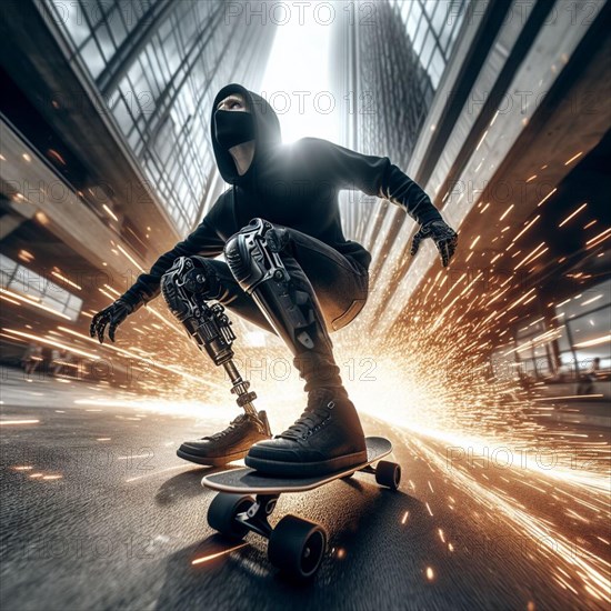 Skateboarder with bionic limbs and hooded jacket gliding on an urban road, generating sparks, AI generated