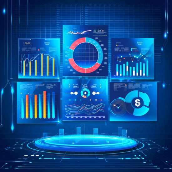 Finance analytics displayed on a futuristic holographic interface with blue digital graphics and charts, ai generated, AI generated