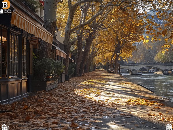 Herbstliche Szene auf einer Strasse neben einem Fluss mit fallenden Blaettern und warmem Sonnenlicht, Lifestyle in Paris, Frankreich, AI generiert, AI generated