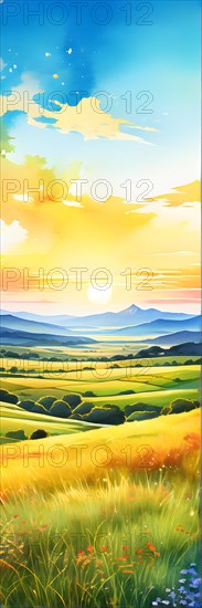 AI generated abstract painting of grasslands under a blazing sunset waves of greens