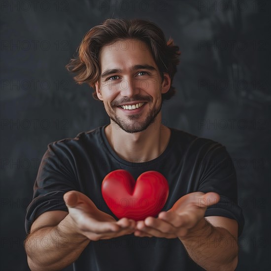 Cheerful man with curly hair and black shirt holding a red heart, AI generated