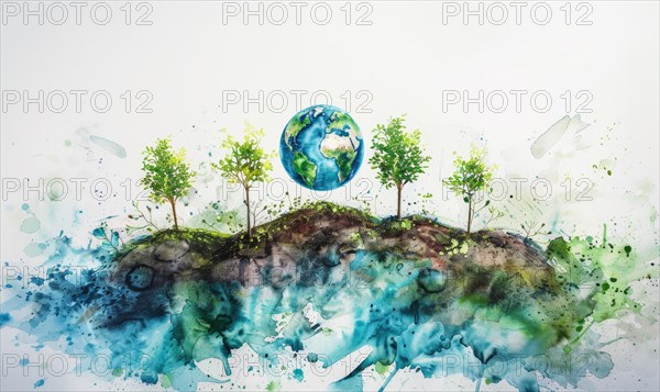 Vibrant watercolor painting of Earth with tree saplings growing on top AI generated