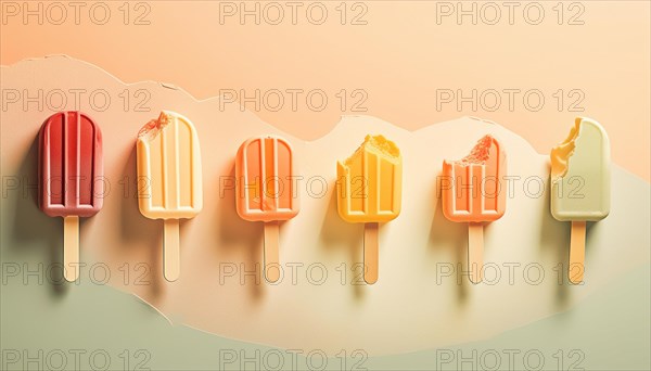 Cracked and melting pastel popsicles against a dual-tone pink and orange background, horizontal, AI generated
