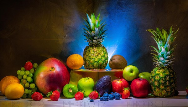 Vibrant and colorful display of various fruits with dramatic lighting and tropical pineapples, horizontal, AI generated
