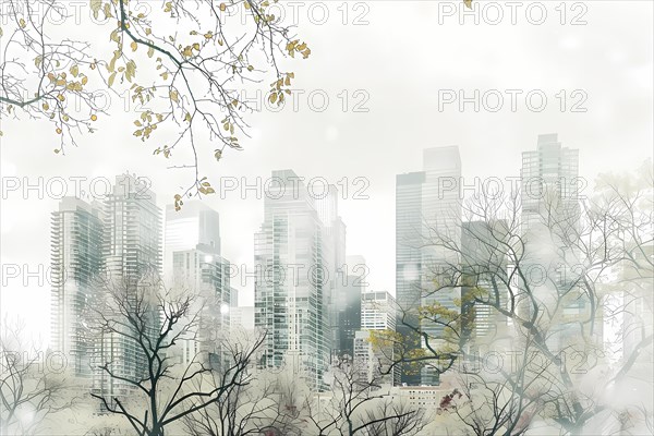 Urban landscape with city buildings disintegrating into autumn trees and fog, illustration, AI generated