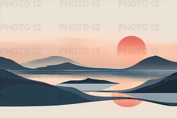 Minimalist landscape with mountains at sunset and their reflection in water, illustration, AI generated