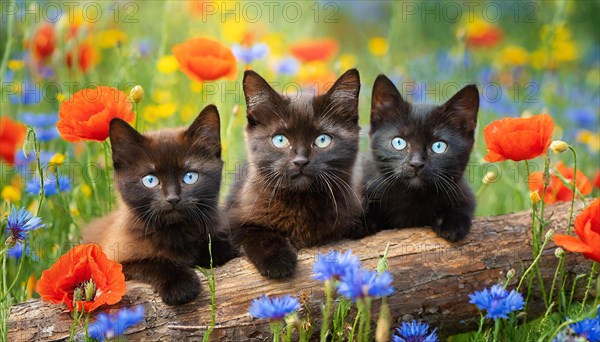 KI generated, animal, animals, mammal, mammals, cat, felidae (Felis catus), three kittens lying on a tree trunk in a meadow with flowers