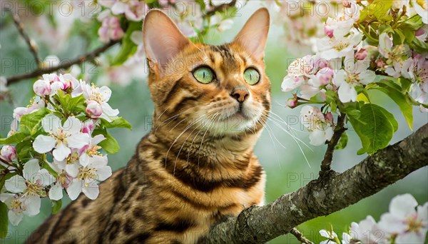 AI generated, animal, animals, mammal, mammals, cat, felidae (Felis catus), a cat resting on a tree, tree blossom, spring, summer