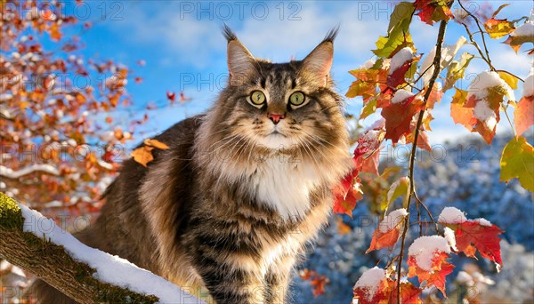 AI generated, animal, animals, mammal, mammals, cat, felidae (Felis catus), a colourful American Forest Cat, sitting in a tree, autumn, autumn leaves, snow, onset of winter