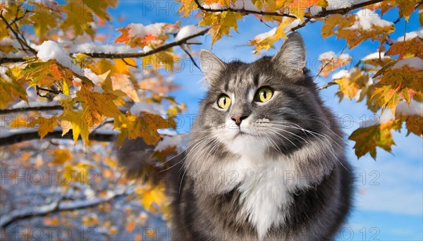 AI generated, animal, animals, mammal, mammals, cat, felidae (Felis catus), a black and white American Forest Cat, sits in a tree, autumn, autumn leaves, snow, onset of winter