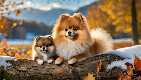 KI generated, animal, animals, mammal, mammals, one, single animal, dwarf spitz, Spitz, (Canis lupus familiaris), dog, dogs, bitch, Pomeranians, two young animals lying on a tree trunk, autumn