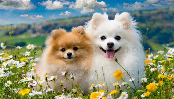 KI generated, animal, animals, mammal, mammals, a, single animal, dwarf spitz, Spitz, (Canis lupus familiaris), dog, dogs, bitch, Pomeranians, bitch with young, puppy, flower meadow, portrait, frontal