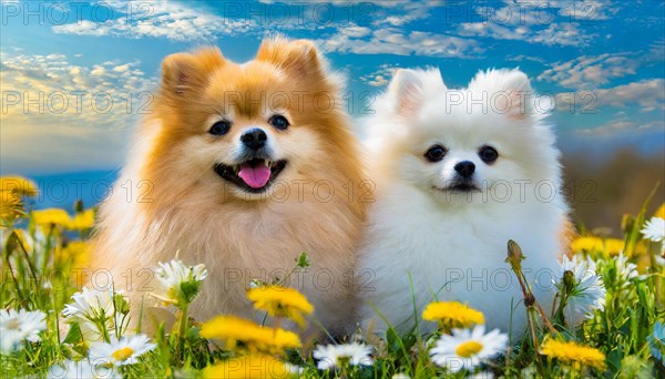 KI generated, animal, animals, mammal, mammals, a, single animal, dwarf spitz, Spitz, (Canis lupus familiaris), dog, dogs, bitch, Pomeranians, bitch with young, puppy, flower meadow, portrait, frontal