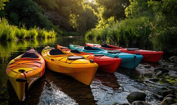 A group of colorful kayaks drifting down a spring river AI generated