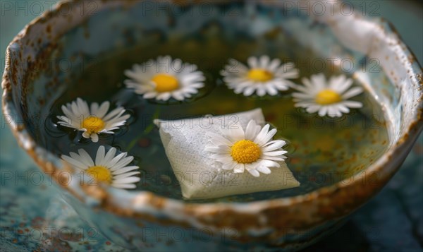 Chamomile tea bag steeping in a cup AI generated