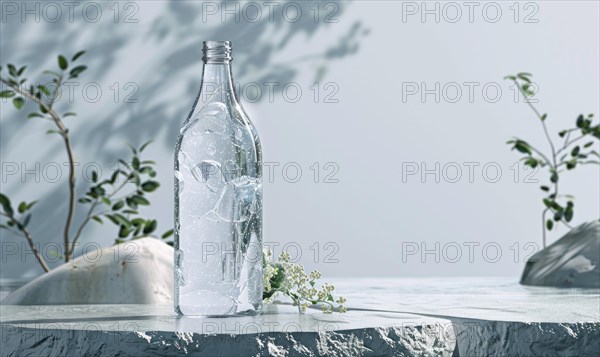 Crystal clear glass bottle mockup showcasing a premium quality mineral water sourced from natural springs AI generated