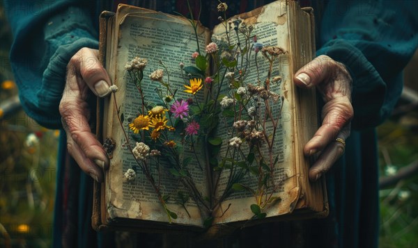 Hands holding an open old book with wildflowers blooming from its pages, closeup view AI generated