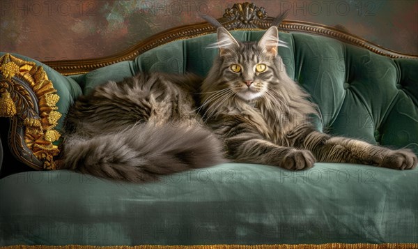 Majestic Maine Coon cat lounging on a plush velvet cushion AI generated