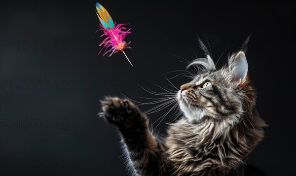 Maine Coon cat playfully batting at a feather toy in a studio setup AI generated