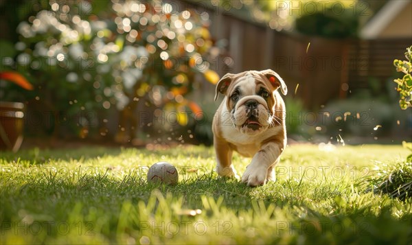 Playful bulldog puppy chasing a ball in a backyard garden AI generated