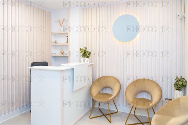 Minimalist and chic interior of a reception of beautician clinic with counter and chairs