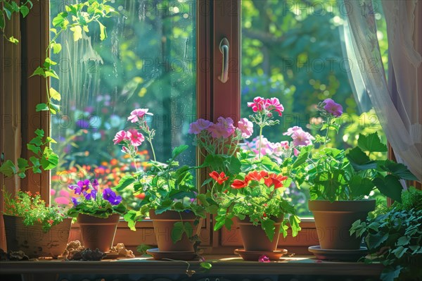Vibrant potted flowers bask in sunlight on a wooden window sill, overlooking a lush green landscape, AI generated