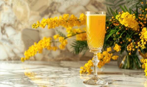 Cocktail in a glass goblet with mimosa branches in the background AI generated