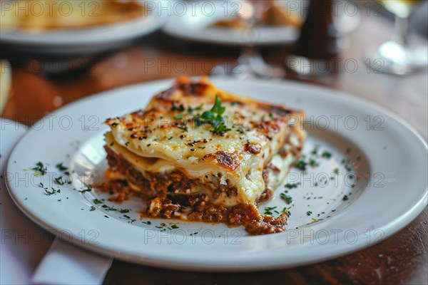 Piece of lasagna on white plate. KI generiert, generiert, AI generated