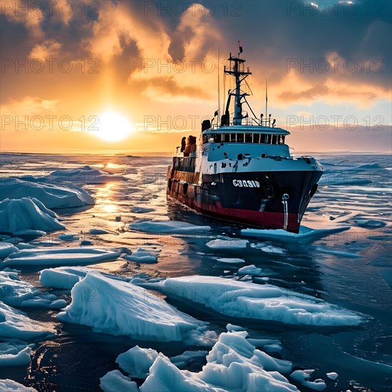 Icebreaker ship carving a path through thick ice of the polar region, AI generated