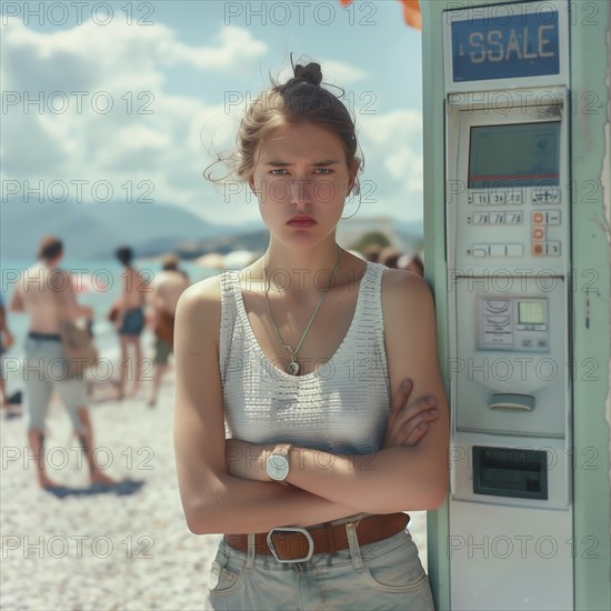 Teenage girl with a critical expression stands in front of a vending machine on a sunny beach, AI generated