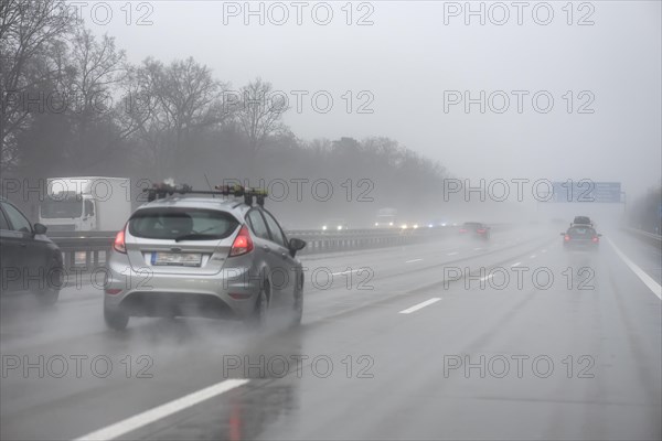 Poor visibility in the rain on the A 9 motorway, Thuringia, Germany, Europe