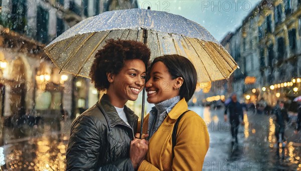 Two friends smiling under a yellow umbrella on a rainy evening in the city, blurry city background with bokeh effect, romantic gay scene, AI generatedAI generated