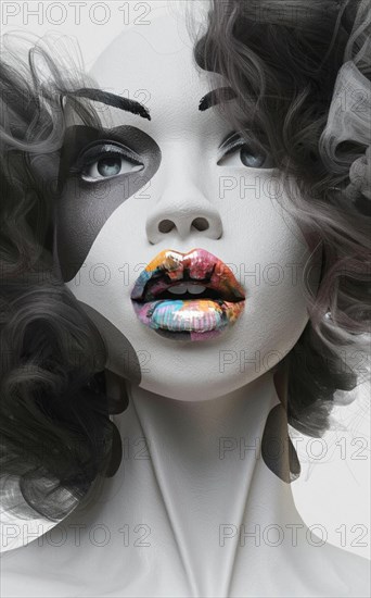 A grayscale female portrait with high contrast and artistic makeup, Vertical digital portrait illustration, AI generated