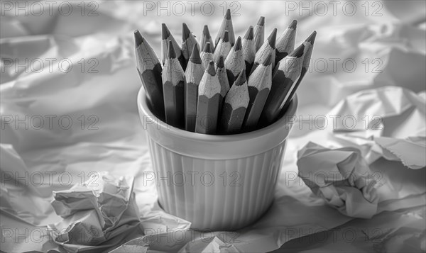 Graphite pencils arranged in a cup on a desk, surrounded by crumpled sheets of discarded white paper AI generated