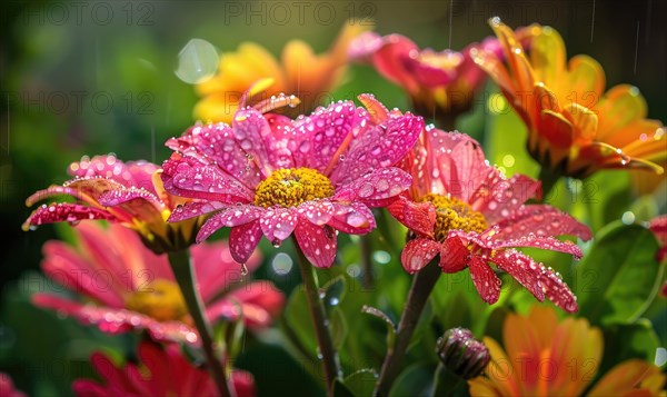 Raindrops clinging to the petals of colorful blooming flowers in a garden, closeup view AI generated