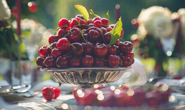 Ripe cherries arranged in a decorative centerpiece for a summer garden party AI generated