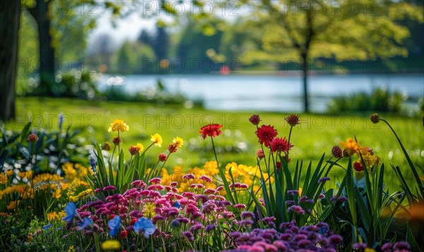 Springtime at the lake with blooming wildflowers and vibrant greenery AI generated