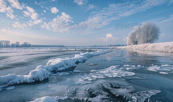 The lake frozen over in the depths of winter AI generated