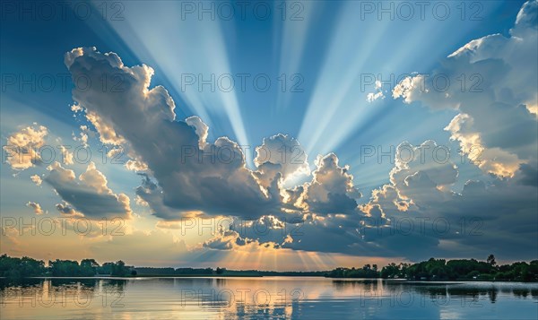 The sun peeking through a fluffy cumulus clouds, clouds reflected in water surface, sunset on the lake AI generated