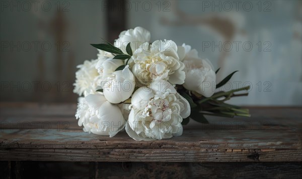 A bouquet of white peonies on a rustic wooden table AI generated