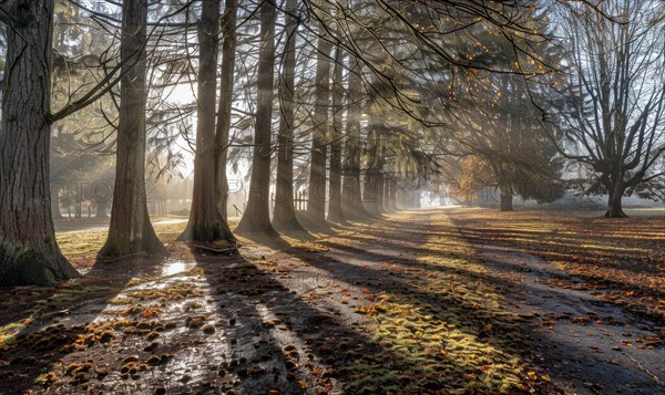 A cedar grove shrouded in mist, nature background AI generated