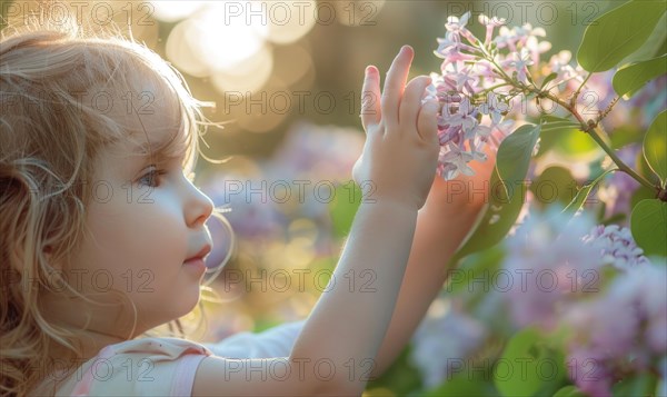 A child reaching out to touch a blooming lilac flower AI generated