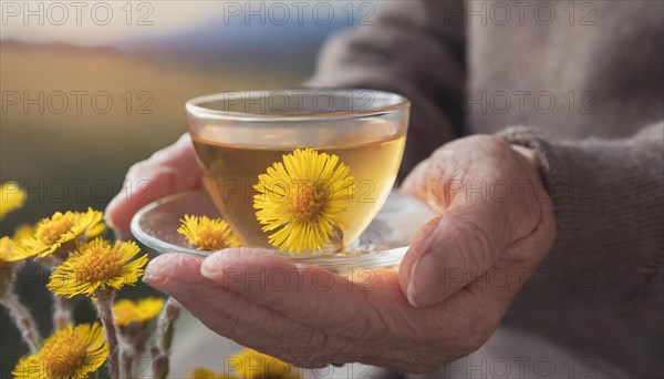 A cup of coltsfoot flower tea in the hand of a person, embedded in a natural mountain environment, medicinal plant coltsfoot, Tussilago farfara, AI generated, AI generated