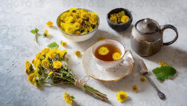Still life with tea and yellow flowers on a light background, medicinal plant coltsfoot, Tussilago farfara, KI generated, AI generated