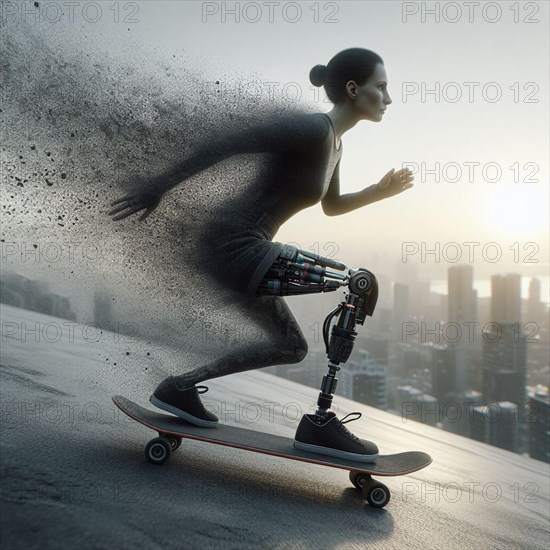 A kinetic human sculpture skateboards with a realistic motion blur against a city skyline, AI generated