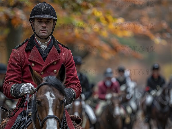 Traditional fox hunting with traditional clothing in England on horseback with dogs over hill and dale, AI generated