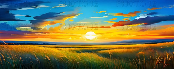 AI generated abstract painting of grasslands under a blazing sunset waves of greens